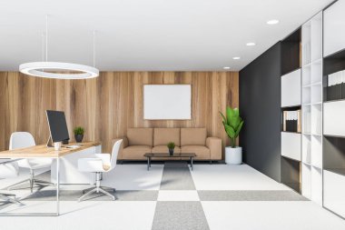 Gri ve ahşap duvarları olan lüks CEO ofisi, halı kaplı zemin, kitaplıklı bilgisayar masası ve bej kanepeli dinlenme odası ve yatay poster çerçeveli. 3d oluşturma