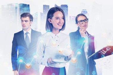 Bulanık finansal tablolara iki kez maruz kalarak şehirde birlikte çalışan başarılı bir borsacı takımı. Borsa, liderlik ve takım çalışması kavramı. Tonu ayarlanmış resim