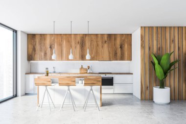 Beyaz ve ahşap duvarları, fayanslı zemini, ahşap dolaplı beyaz tezgahları ve tabureli rahat bar tezgahı olan modern mutfağın içi. 3d oluşturma