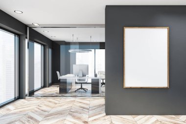 Gri duvarları, ahşap zemini, beyaz bilgisayar masaları olan modern açık uzay ofisindeki posterin dikey modeli. Bulanık şehir manzaralı pencereler. Danışmanlık şirketi kavramı. 3d oluşturma