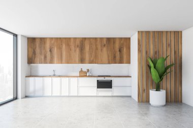 Minimalist panoramik mutfak, beyaz ve ahşap duvarlar, fayanslı zemin, üzerinde lavabo, fırın ve ahşap dolaplar bulunan beyaz tezgah. 3d oluşturma