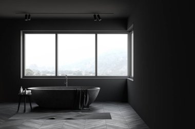 Minimalist banyo, koyu gri duvarlar, ahşap zemin, pencerenin altında duran rahat taş küvet, bulanık dağ manzarası ve güzel ürünleri olan sandalye. 3d oluşturma