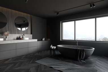 Geniş bir otel banyosunun köşesinde koyu gri ve ahşap duvarlar, ahşap zemin, pencerenin altında duran rahat taş küvet, bulanık dağ manzarası ve çift lavabo. 3d oluşturma