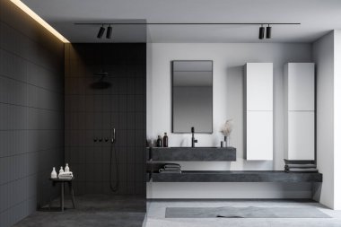 Modern banyo, beyaz ve gri fayanslı duvarlar, beton zemin, dikey aynalı büyük taş lavabo ve beyaz dolaplar ve duş kabini. Spa konsepti. 3d oluşturma