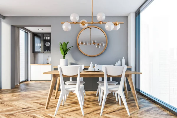 Interieur Van Moderne Eetkamer Met Grijze Muren Houten Vloer Panoramisch — Stockfoto