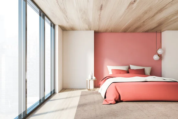 Interior Luxury Bedroom White Pink Walls Wooden Floor Ceiling Comfortable — Stock Photo, Image