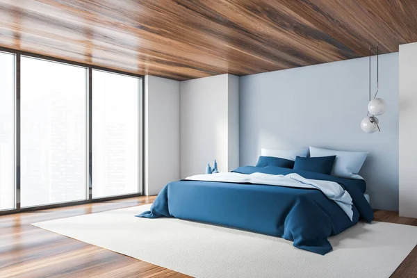 Coin Chambre Luxe Avec Murs Blancs Bleus Sol Plafond Bois — Photo