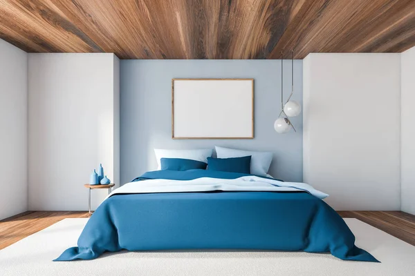 Interior Master Bedroom White Blue Walls Dark Wooden Floor Ceiling — Stock Photo, Image