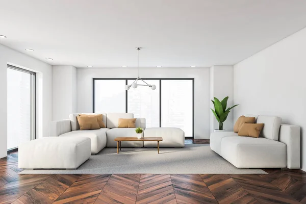 Interior Panoramic Living Room White Walls Dark Wooden Floor Two — Stock Photo, Image