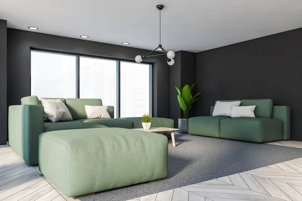 Corner Panoramic Living Room Grey Walls Wooden Floor Two Comfortable — Stock Photo, Image