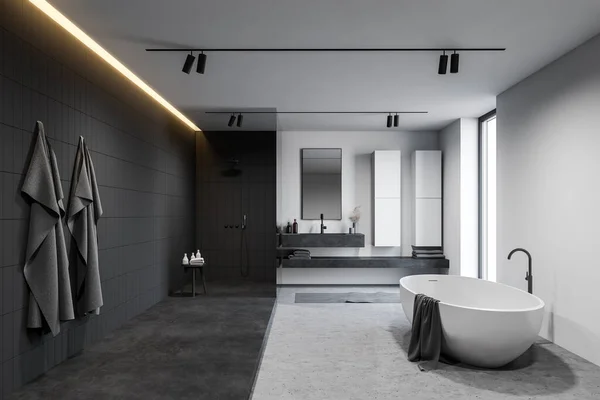 设有白色和灰色瓷墙的宽敞浴室 混凝土地面 有垂直镜子的石池 淋浴间和舒适的白色浴缸 3D渲染 — 图库照片