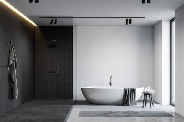 Interior Spacious Loft Bathroom White Grey Tiled Walls Comfortable Bathtub — Stock Photo, Image