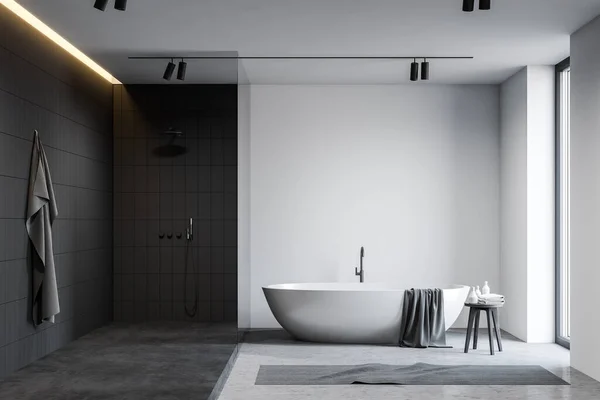 Intérieur Une Spacieuse Salle Bains Loft Avec Murs Carrelés Blancs — Photo