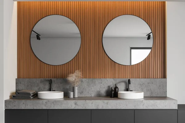 Close Double Bathroom Sink Standing Grey Countertop Stylish Room White — Stock fotografie