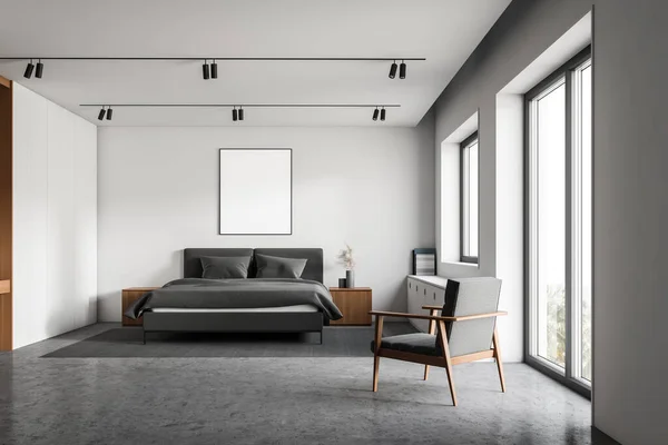 Interieur Van Minimalistische Master Bedroom Met Witte Muren Betonnen Vloer — Stockfoto