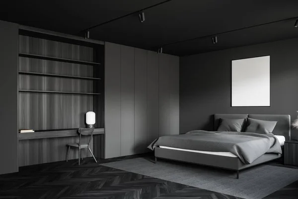 现代卧房角落 墙壁灰暗 木地板黑暗 舒适的王床和木制桌子 上面有椅子和架子 垂直模拟海报框架 3D渲染 — 图库照片