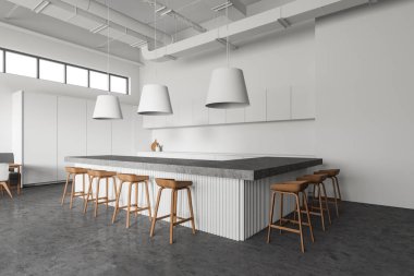 Endüstriyel bar köşesinde ahşap taburesi olan, beyaz duvarları, beton zemini ve kocaman tavan lambaları olan uzun bir tezgah. 3d oluşturma