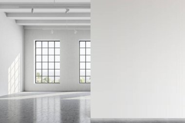Beyaz duvarları, beton zemini ve tropikal manzaralı büyük pencereleri olan boş bir galeri ya da ofis. Sağa doğru duvar yapın. Sanat sergisi ve reklam anlayışı. 3d oluşturma