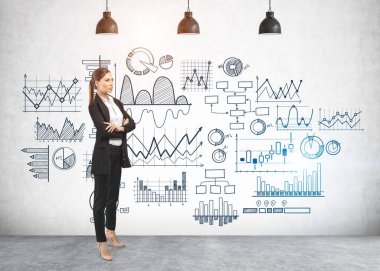 Üzerinde mali grafikler olan beton duvarın yanında duran güzel Avrupalı genç bir iş kadını ya da öğrenci. İş eğitimi ve istatistik kavramı.