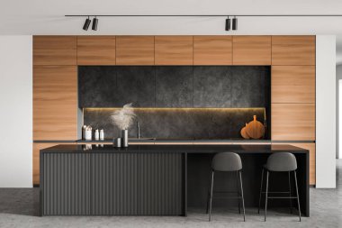 Beyaz duvarları, beton zemini, tabureleri, ahşap tezgahları ve gri dolapları olan minimalist mutfağın içi. 3d oluşturma