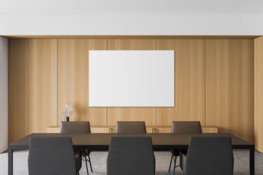 Geniş yemek odasının içinde beyaz ve ahşap duvarlar, beton zemin, sandalyeli uzun gri masa ve ahşap dolapların üzerinde yatay maket posterler. 3d oluşturma