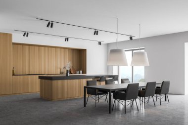 Beyaz ve ahşap duvarlı modern mutfağın köşesi, beton zemin, ahşap tezgah, tabureli bar ve üzerinde kocaman lambalar asılı uzun yemek masası. 3d oluşturma