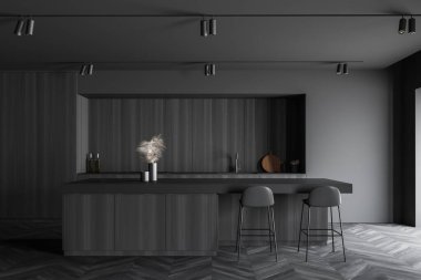 Gri ve ahşap duvarları olan şık bir mutfak, koyu ahşap zemin, lavaboda, ocakta ve tabureli rahat ahşap tezgahlar. 3d oluşturma