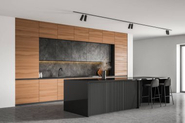 Modern mutfakta, beyaz duvarları, beton zemini, ahşap tezgahları, alet edevat ve dolapları olan tabureleri olan rahat uzun bir bar. 3d oluşturma