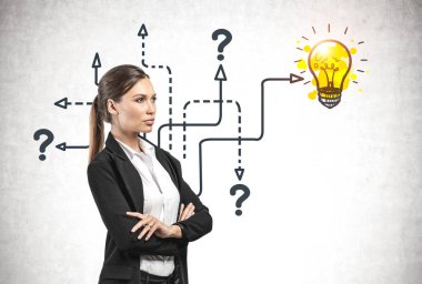 Ciddi bir Avrupalı iş kadını beton duvarın yanında kollarını kavuşturup üzerinde yaratıcı bir iş fikri çizimi çiziyor. Planlama kavramı