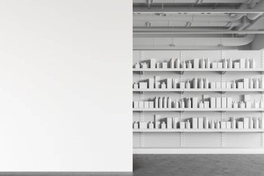 Modern süpermarket ya da deponun içi boş kutular ve şişelerle dolu beyaz raflarla dolu ve soldaki duvarın taklidini yapan bir yer. Reklam kavramı. 3d oluşturma