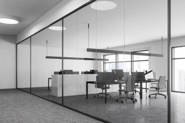 Beyaz ve cam duvarları, beton zemini, gri bilgisayar masaları ve beyaz dosya dolapları olan modern açık uzay ofisinin köşesi. Danışmanlık şirketi konsepti. 3d oluşturma