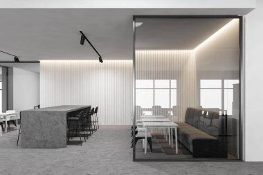 Beyaz duvarlı modern ofis kantini, beton zemin, beyaz sandalyeli kare masalar, kanepe ve tabureli bar. 3d oluşturma