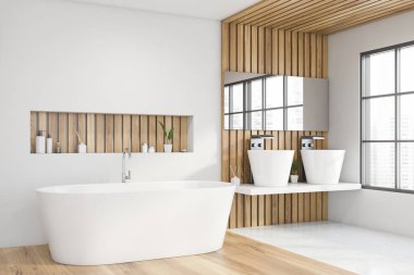 Üzerinde raf olan rahat beyaz bir küvet modern banyo köşesinde duruyor beyaz ve ahşap duvarlar ve büyük bir çift lavabo. 3d oluşturma