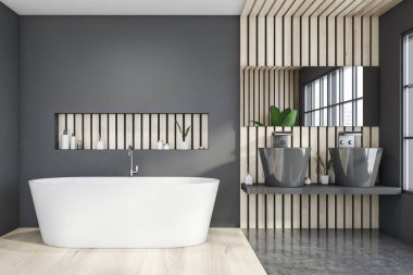 Üzerinde raf olan rahat beyaz küvet modern banyo içinde gri ve ahşap duvarlar ve büyük çift lavabo ile duruyor. 3d oluşturma