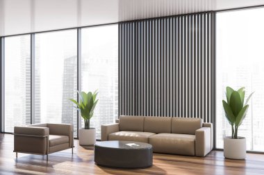 Panoramik ofis salonunun köşesinde gri duvarlar, ahşap zemin, deri kanepe ve büyük saksı bitkileriyle birlikte yuvarlak kahve masasının yanında duran koltuk. 3d oluşturma