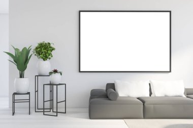 Beyaz duvarları, ahşap zemini ve raflarda saksı bitkileri olan lüks oturma odasındaki gri kanepenin üzerinde asılı posterler. 3d oluşturma