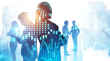 Küresel dünya ve takım çalışması kavramı. Bulanık dijital şema ve gezegen hologramı ile soyut şehirde çalışan iş insanlarının siluetleri. Tonu ayarlanmış resim