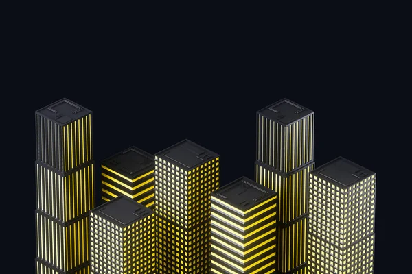Siyah Arka Planda Sarı Gökdelenlerden Oluşan Yaratıcı Bir Şehir Modeli — Stok fotoğraf
