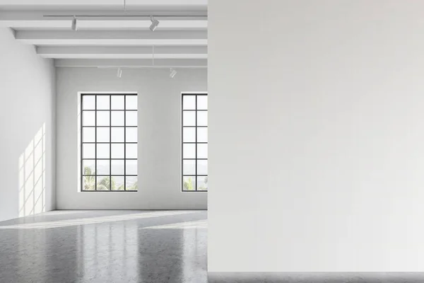 Interior of empty gallery or office with white walls, concrete floor and big windows with tropical view. Mock up wall to the right. Concept of art exhibition and advertising. 3d rendering