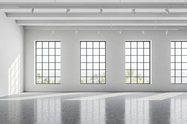 Interior Empty Gallery Office White Walls Concrete Floor Big Windows — Stock Photo, Image