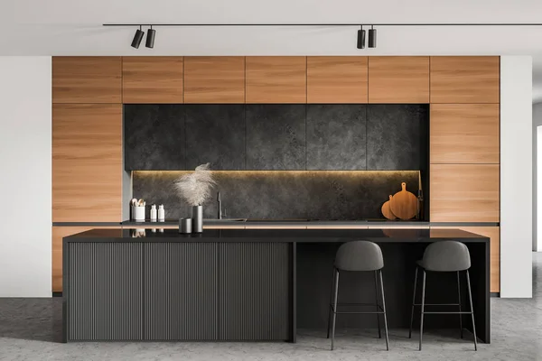 白い壁 コンクリートの床 スツール付きの快適なバー 木製のカウンター それらの上にグレーの食器棚とミニマリストキッチンのインテリア 3Dレンダリング — ストック写真
