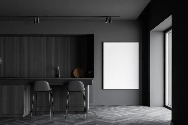 Intérieur Une Cuisine Élégante Avec Des Murs Gris Bois Sol — Photo