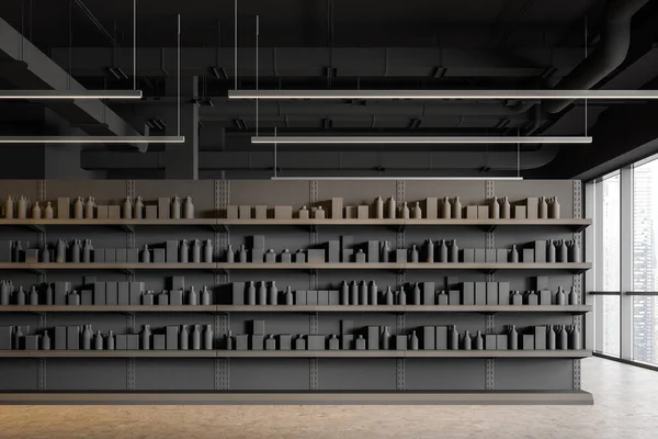 Interior of modern supermarket or warehouse with grey shelves with products in blank boxes and bottles. Concept of retail and storage. 3d rendering
