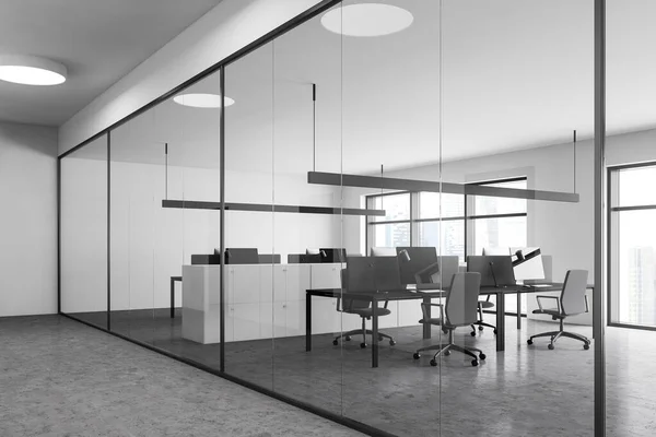 现代开放空间办公室的角落 有白色和玻璃墙 混凝土地板 一排灰色计算机桌子和白色文件柜 咨询公司的概念 3D渲染 — 图库照片