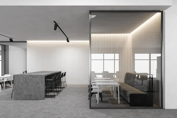 现代写字楼餐厅侧视图 白色墙壁 混凝土地板 白色椅子和沙发 酒吧和凳子 3D渲染 — 图库照片