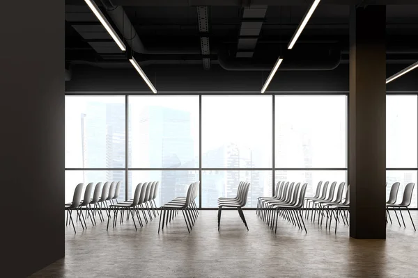 Rows Grey Chairs Dark Gray Panoramic Office Lecture Hall Concrete — Stock Photo, Image