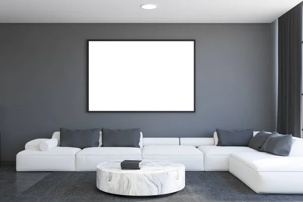 在有灰色墙壁 水泥地板和大理石咖啡桌的豪华客厅里 在白色沙发上方挂着水平的模拟海报 3D渲染 — 图库照片