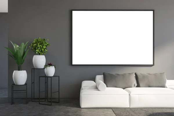 Horizontal Simular Cartaz Pendurado Acima Sofá Branco Sala Estar Luxo — Fotografia de Stock