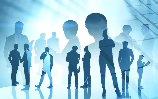 Business meeting concept. Silhouettes of diverse business people over blurry background. Communication and international company. Toned image double exposure