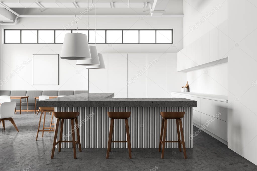 Interior of modern industrial style pub with white walls, concrete floor, bar counter with stools and wooden tables with chairs and sofa. Mock up poster frame. 3d rendering